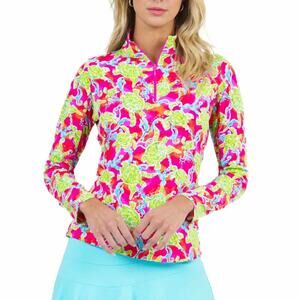 IBKÜL Turtles At Sea 1/4 Zip Mock Neck Golf Shirt Multicolor Hot Pink XL